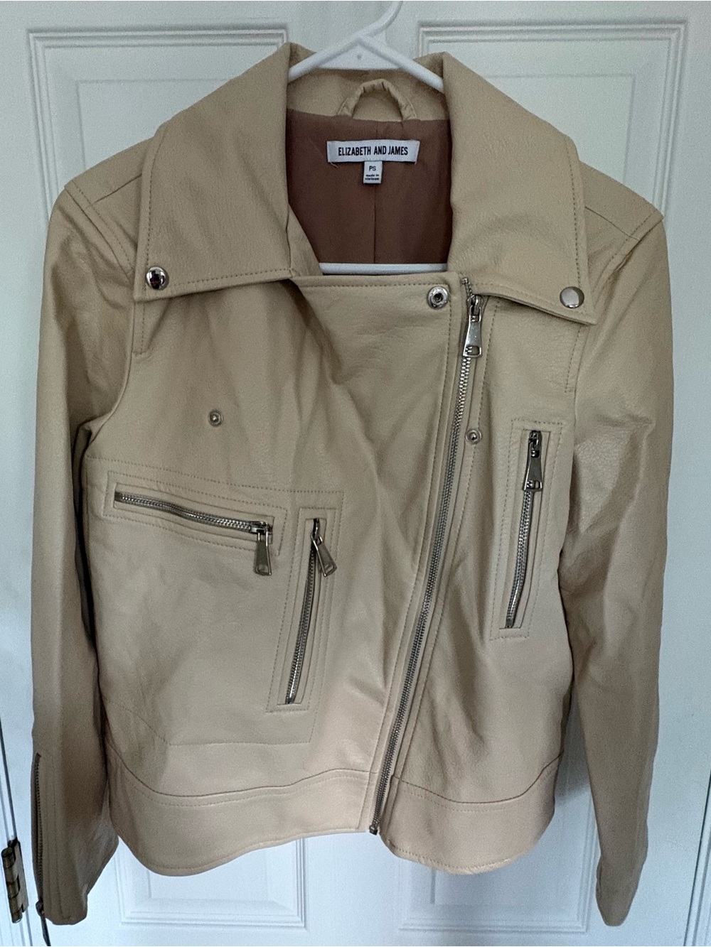 Elizabeth and James Cream Beige Leather Bomber Jacket